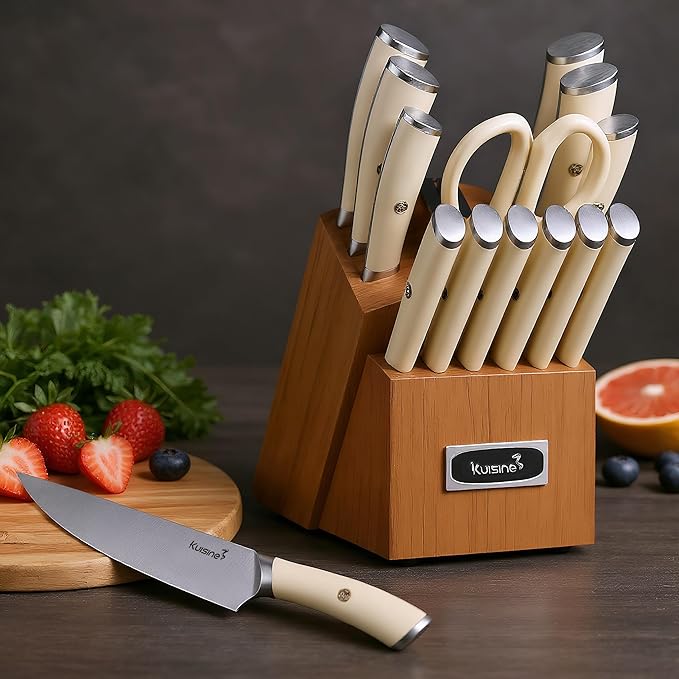 KUISINE Upgraded Sharp Chef Knife Set,High Carbon Stainless Steel Ergonomic Rivet Handle,Knife Block Set with Built-in Sharpener(Acacia Ivory Pro,15PCS)