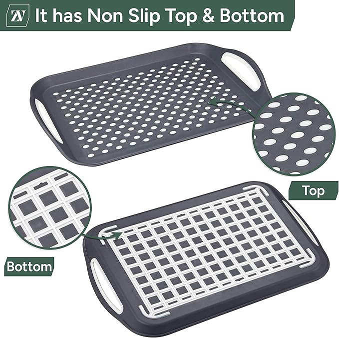 Zuvo Anti-Slip Food Serving Tray with Handles (Set of 2) โ BPA-Free Plastic, Lightweight & Durable โ Non-Slip Couch Trays for Eating & Drinks (Grey)