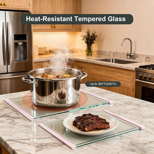 Tempered Glass Cutting Board Set for Kitchen Counter - Dishwasher Safe with Juice Grooves, Non-Slip Silicone Edges & Beveled Grip - 16"x12" & 12"x8" Serving Tray (Pink)