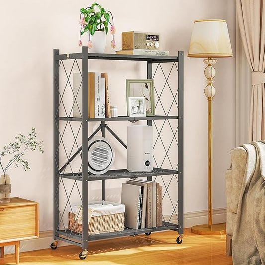 4-Tier Folding Metal Storage Rack - 50" Heavy-Duty Steel Frame with Wheels, No Assembly Utility Organizer, Rolling Shelving Unit for Kitchen, Garage, Pantry, Bedroom (Gray, 4 Tier)