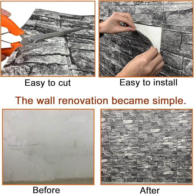 10PCS 3D Wall Panels Peel and Stick 3D Brick Wallpaper Peel and Stick Faux Stone Wall Panel Foam Brick Self-Adhesive Wallpaper (Black,10pcs)