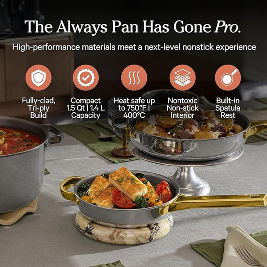 Our Place Mini Titanium Always Pan Pro | 8.5" PFAS-Free Nonstick Frying Pan with Spatula | Chef-Grade Tri-Ply Stainless Steel & Aluminum Build | Induction & Oven-Safe up to 750°F | Gold