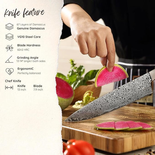 zayiko Black Edition Damascus Knife Gyuto I 20 cm blade made of 67 layers of VG10 Damascus steel I Ergonomic Pakkawood handle I Professional kitchen knife for meat, fish & vegetables I In a gift box