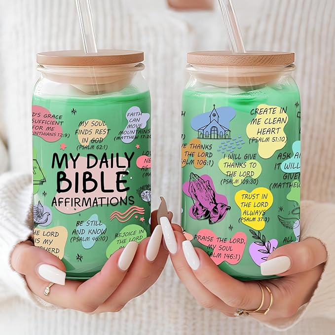 16 Oz Bible Verse Coffee Mug for Women Daily Bible Affirmations Glass Cup with Lid & Straw Women of the Bible Drink Cup Inspirational Mother’s Day Religious Christian Gifts for Mom Aunt Nana