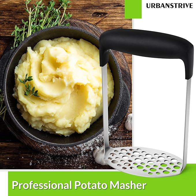 Upgraded Potato Masher, Durable Non-break Handle, Rust-proof, Dishwasher safe, Heavy duty 304 Stainless Steel, Kitchen Gadgets Gifts, Black