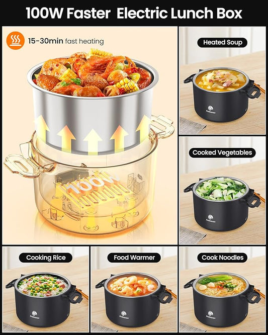 Portable Electric Lunch Box, 33 Ounce Food Warmer Cooker,12/24/110V Upgraded Heated Lunch Box for Car/Truck/Office Ideal Men & Women's Gifts,Warming Soup,Meal,Spill-Free,100W,Black