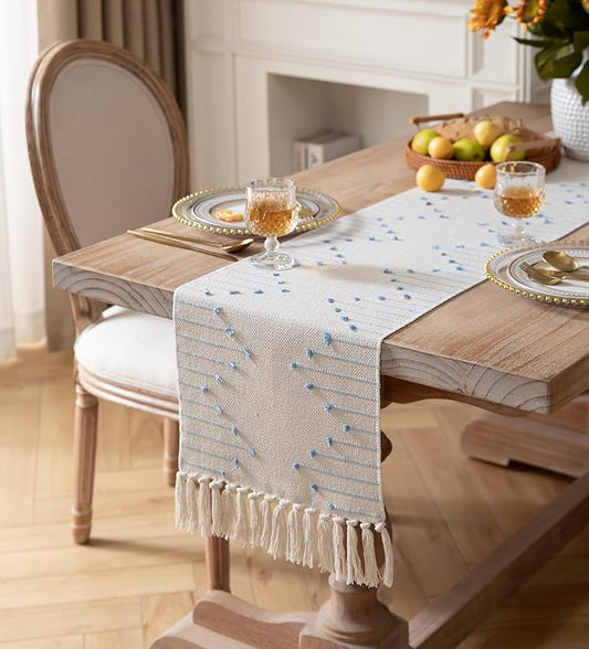 Boho Table Runner 13 x 72 Inch Long Natural Cotton Woven Runner with Tassels for Home Dining Table décor, for Modern Farmhouse Decor Coffee Table Runner, Light Blue and Beige