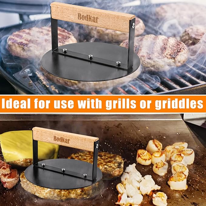 Smash Burger Press 6 inch, Round Burger Smasher Grill Press for Griddle Bacon Press Meat Steak Press with Wood Handle