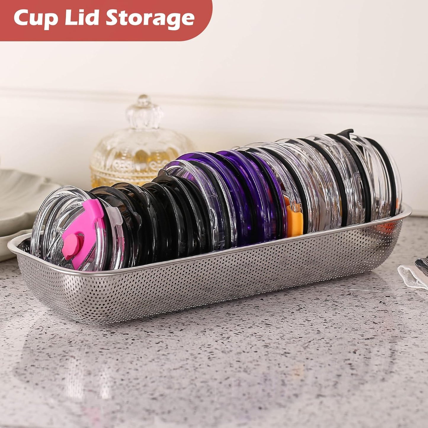 2Pack Stainless Steel Tumbler Cup Lid Organizer Inside Cabinet, Mason Jar Lid Holder, Rectangular Basket for Storage of Silverware, Chopsticks, straws and Utensils