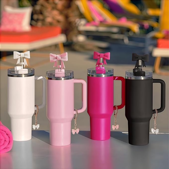 Compatible with Stanley Cup Accessories - 4Pcs 10mm Cute Bow Straw Topper Compatible with Stanley Cup Straw Cover Cap, 2pcs Bow Charms for Stanley 30&40 Oz Tumbler with Handle