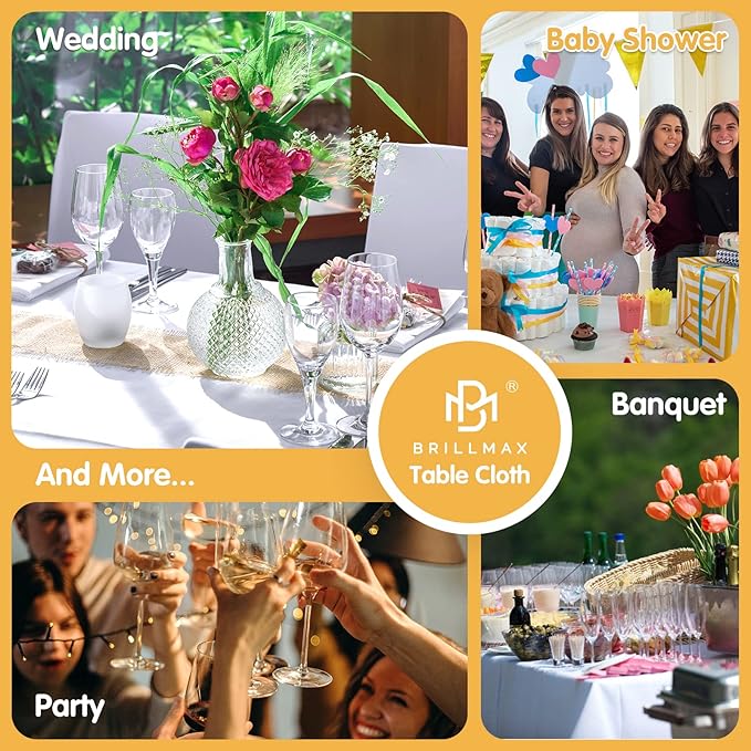 BRILLMAX 10 Pack White Tablecloths 60 x 126 Inch for 8ft Rectangle Tables - 150 GSM Polyester Fabric, 15" Standard Drop, Water, Stain & Wrinkle Resistant Cloth Cover for Wedding Dining Buffet