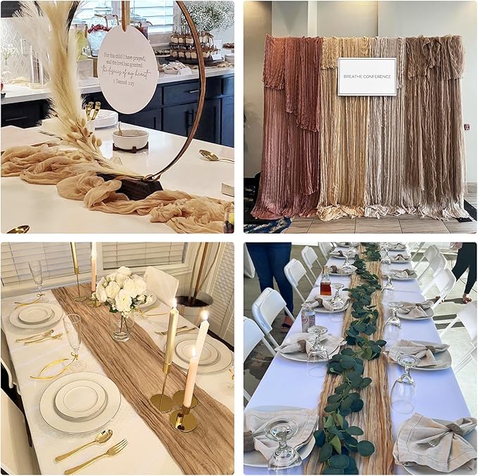 10 Pack Nude Cheesecloth Table Runner 10FT Boho Gauze Fabric Table Runner Vintage Rustic Sheer Runners for Wedding Party Bridal Baby Shower Long Table Decorations