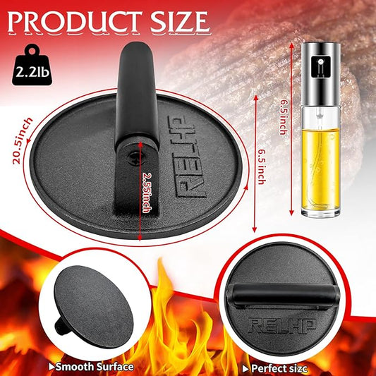 Burger Press 6.5" Round Smash Burger Press Heavy-Duty Cast Iron Smash Burger Press Burger Press with Black Wood Handle Blackstone Burger Press Burger Smasher Cookouts