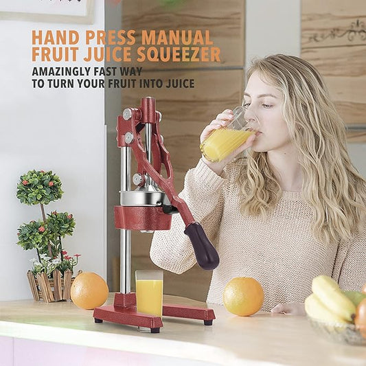 19 Inch Height Extra Tall Commercial Heavy Duty Cast Iron Hand Press Manual Orange Citrus Lemon Lime Grapefruit Pomegranate Fruit Juice Squeezer Machine with Stainless Steel Cup Red