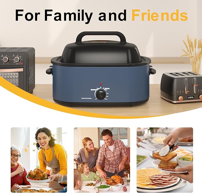 Sunvivi 26lb 22-Quart Roaster Oven, Electric Roaster Oven with Viewing Lid, Turkey Roaster with Unique Defrost/Warm Function, Large Roaster with Removable Pan & Rack, Stainless Steel, Blue