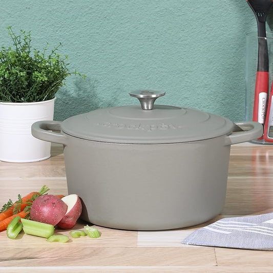 Crock-Pot Artisan 5-Quart Round Cast Iron Dutch Oven with Lid – Matte Green, Durable Oven Safe Cookware