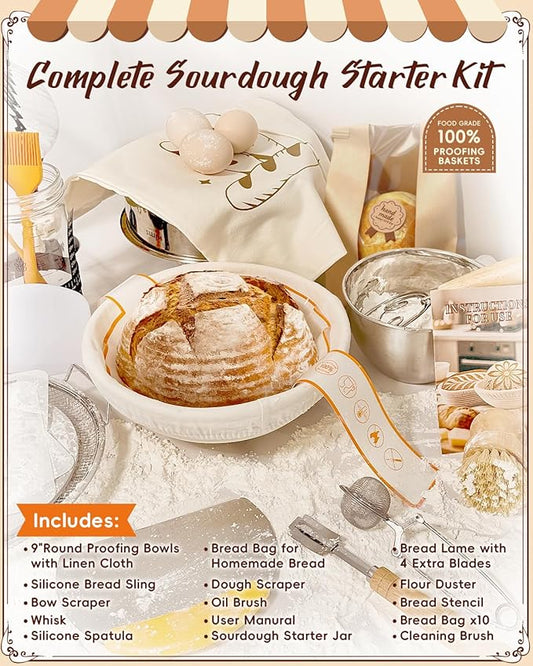Complete Sourdough Starter Kit | Easy to Clean & Use for Beginners & Bakers | Natural Rattan Proofing Basket with Full Accessories | Sourdough Bread Baking Supplies for Bakers Women Wife
