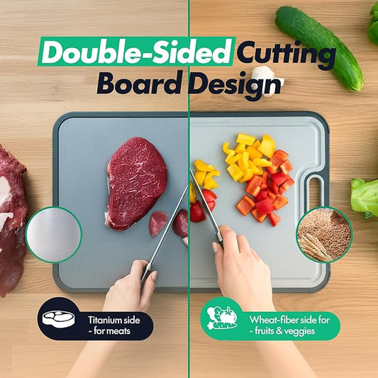 Titanium Cutting Board 16"x11" – Double-Sided, Non-Porous Kitchen Prep Board with Juice Groove & Built-In Garlic Grater, Knife-Friendly & Easy to Clean