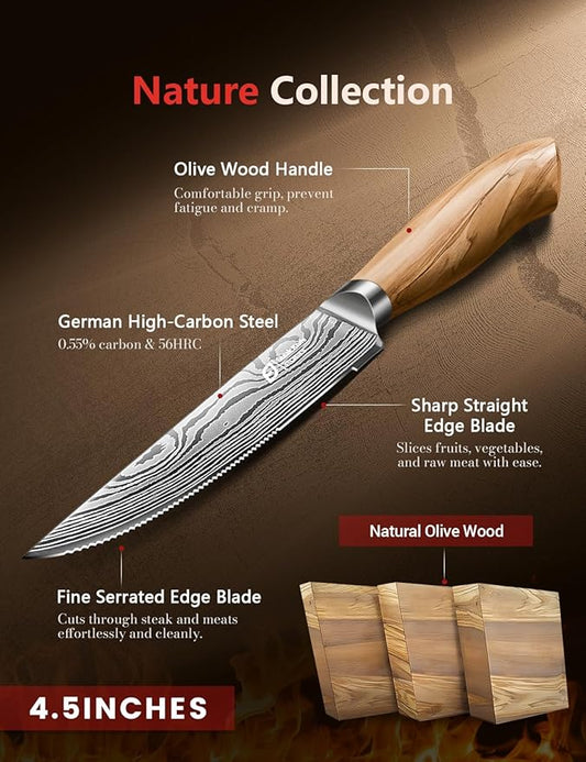 Emojoy Steak Knives Set of 6, 4.5 Inches Serrated Steak Knife Set, German Stainless Steel Kitchen Steak Knives with Original Olive Wood Handle and Wooden Gift Box