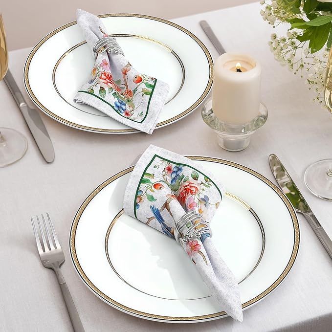 Bird Flower Branch Print Cloth Napkins 100% Cotton, 18" X 18" Dinner Napkins Cloth Set, Washable Napkins for Home, Kitchen, Dinner, Party, Wedding, Cocktail, Set of 6