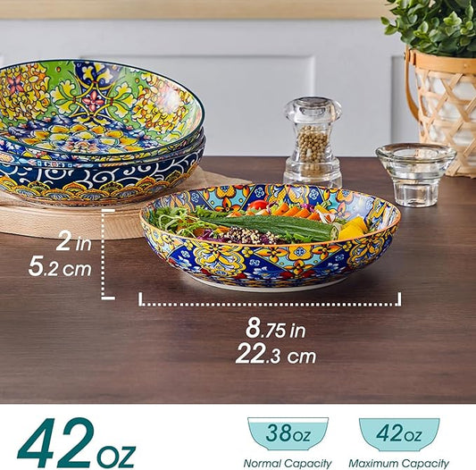 vancasso Pasta Bowls, 42 oz Ceramic Salad Bowls of 4,Large Corlorful Serving Bowls for Kitchen, Dishwasher & Microwave Safe Soup Bowls, Pasta Plates