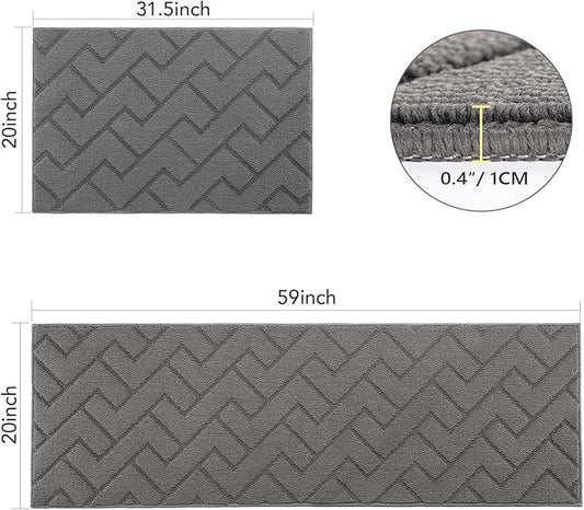 hicorfe Kitchen Rugs and Mats Sets,2 Pieces Super Absorbent Polypropylene Non-Slip Rug,Soft Comfort Floor Mat,Machine Washable for Kitchen,Hallway,Office,Sink,Laundry(20" x 32"+20" x 59",Grey)