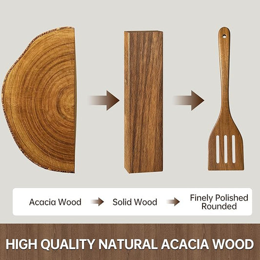 8 PCS Acacia Wooden Utensil Set with Holder, Spoon Rest, Durable Wooden Spoons for Cooking, Heat-Resistant, Comfort Grip,Easy to Clean, Non-stick Friendly, Ideal for Gifting