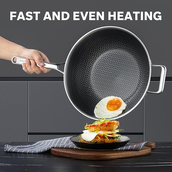 ZEROPAN Hybrid 12-Inch Wok with Lid,Nonstick Stainless Steel Woks & Stir-fry pans,Wok Pan,PFAS PFOA PTFE Free,Dishwasher-Friendly,Oven-Safe Up to 600°F,Compatible with All Cooktops