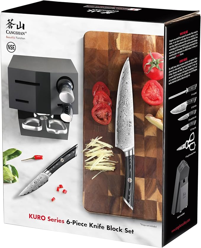 Cangshan KURO Series 6-Piece Knife Block Set, High Carbon X-7 Damascus Steel, 504333