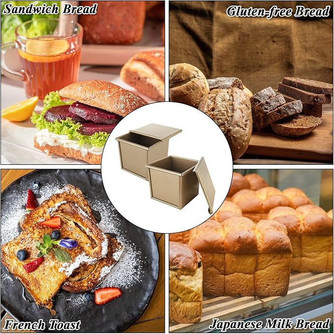CertBuy 2 Pack Mini Pullman Loaf Pan with Lid, 0.55Lb Dough Capacity, 3.9" x 3.9"x 3.8" Non-Stick Bakeware for Baking Bread, Loaf Bread Baking Pan Gold