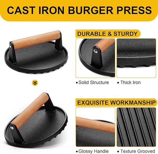 AIVIKI Burger Press, Smash Burger Press for Blackstone Griddle, Heavy Duty Cast Iron Round 6.9In Bacon Grill Press with Wood Handle, Meat Steak Weight for Sandwich, Paninis (Round)