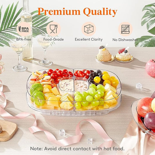 Lifewit Chilled Serving Tray for Parties, 15" Divided Shrimp Cocktail Serving Dish with Lid, Plastic Taco Platter, Ice Serving Bowl for Veggie, Fruit, Salad, Mimosa Bar Supplies in Party/Buffet