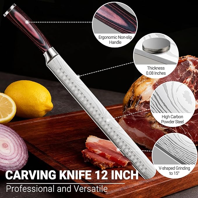 Brisket Knife Meat Carving Knives - 12 Inch Ultra Sharp High Carbon Steel Kitchen Carving Slicing Knife with Ergonomic Wood Handle & Gift Box for Turkey, Meat Cutting, BBQ