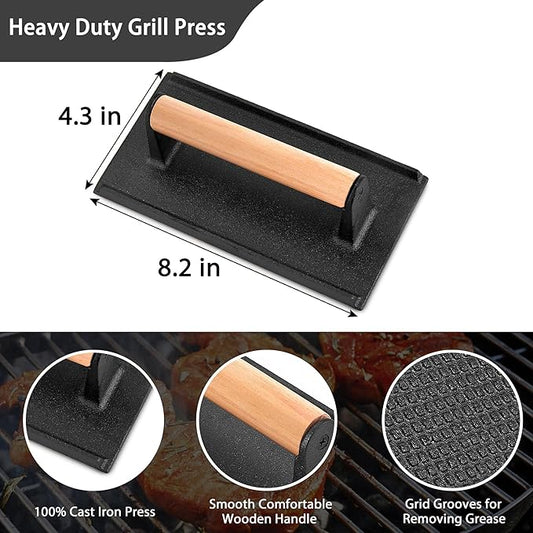 Leonyo 3Pcs Cast Iron Grill Press, Heavy Duty Bacon Press with Wood Handle, Pre-Seasoned Burger Smasher for Griddle Cooking, Meat, Burger, Bacon, Steak, Panini, Sandwich, Rectangle (8.2"X4.3")