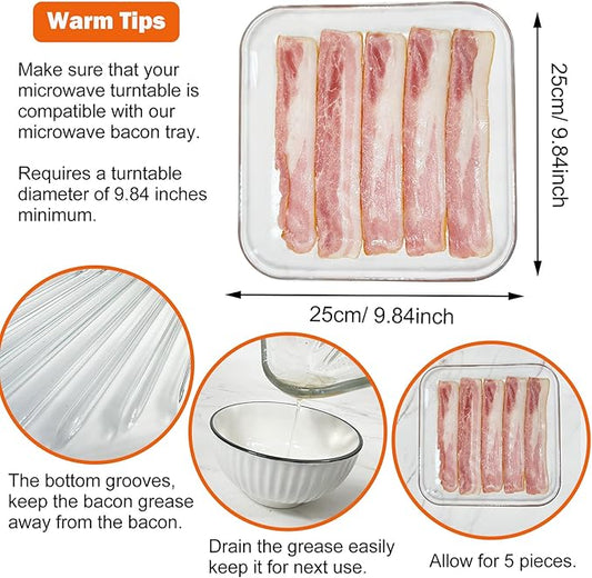 HoPliGhe Microwave Bacon Cooker, Square Glass Microwave Bacon Grill Tray 9.84inch,Cook Crispy Bacon in Minutes