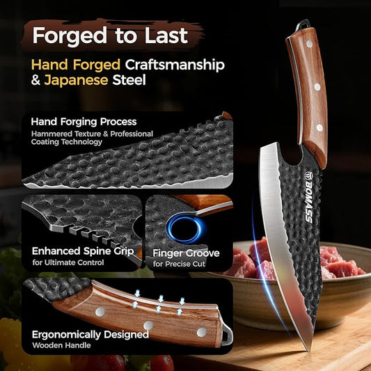 4 PCS Butcher Knife Set Hand Forged, High Carbon Steel Japanese Santoku, Serbian Chef Knife, Viking Knife, Boning Knife, Honing Rod for Kitchen, Outdoor Cooking, BBQ, Camping, Gift for Men
