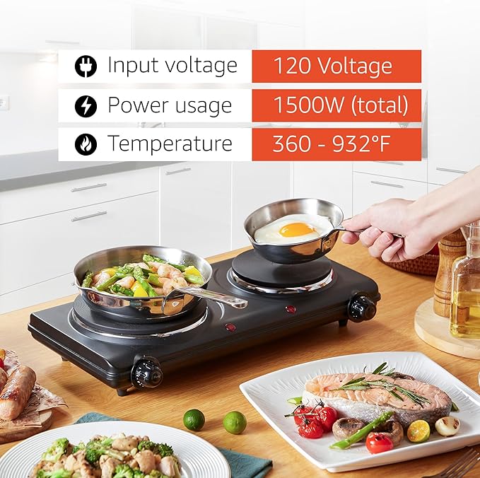 Elite Gourmet EDB-302BF# Countertop Double Cast Iron Burner,1500 Watts Electric Hot Plate,Temperature Controls,Power Indicator Lights,Easy to Clean,Black,(Pack of 3)