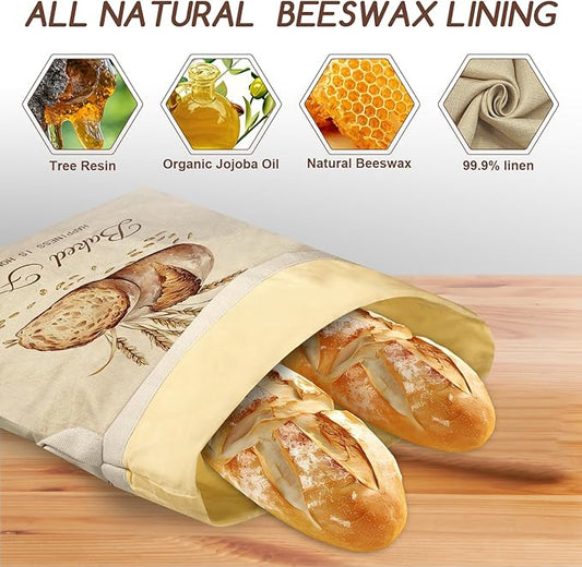 fufeisi Beeswax Bread Bags for Sourdough, 2 Pack Reusable Bread Bag for Storage XL 17x13 Inch, Large Linen Beeswax Bread Bags for Homemade Sourdough with 1 Linen Bowl Cover - Keep Fresh, Freezer Safe