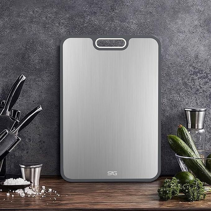 SAGβs Store Titanium Cutting Board for Kitchen, 16"x11" Double-Sided Metal Chopping Board, Durable & Easy to Clean, Reusable Lightweight Design with Juice Groove and Garlic Grinding Area
