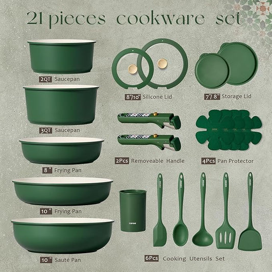 CAROTE 21Pcs Ceramic Cookware Set, Pots and Pans Set Non stick, Non Toxic Cookware Detachable Handle, Kitchen Cooking Set - Induction Cookware, Dishwasher/Oven Safe, PFAS Free, Green