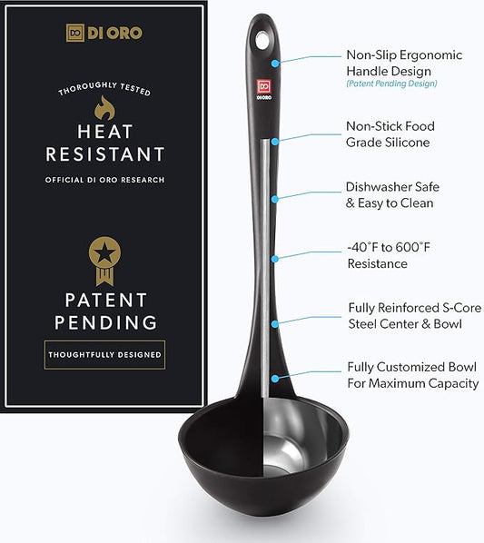DI ORO Silicone Ladle – Soup Ladle for Cooking & Serving Heat-Resistant - Large Kitchen Soup Ladle Nonstick Cookware Safe - Soup Serving Spoon with Wide Bowl - Silicone Utensil Dishwasher Safe (Black)