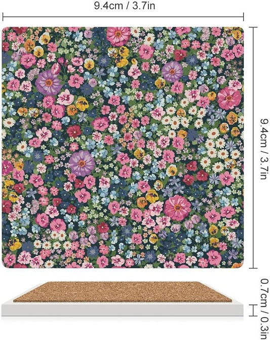 Floral Drink Coasters, Square Ceramic Drink Coaster Square-4PCS, Cartoon Abstract Wildflower Nature Plant Colorful Floral Decor Absorbent Ceramic Coasters for Beverage Cup, Bar, Coffee Table