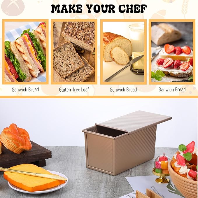 Tobeelec 2 Pcs Pullman Loaf Pan with Lid, Non-Stick Rose Gold Bread Loaf Pans for Homemade Bread 1 lb Carbon Steel Bread Toast Box with Cover for Bakeware Bread Toast Oven Baking
