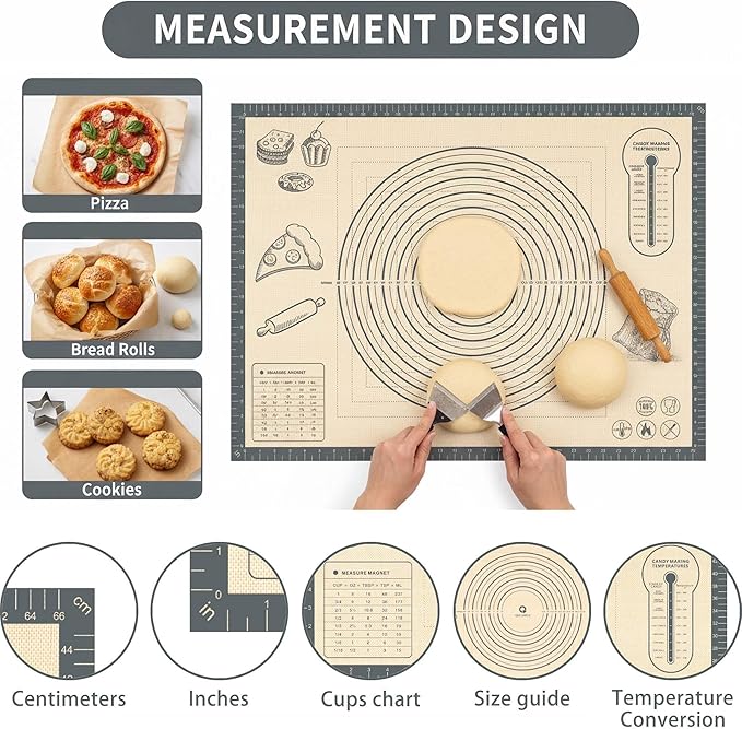Silicone Baking Pastry Dough Mat - 32x24Inch Extra Large Cookie Bread Rolling Mats Sheet, Nonstick Kitchen Counter Kneading Board Thick Reusable Pie Cookies Pizza Fondant Making Matt Measurement(Gray)