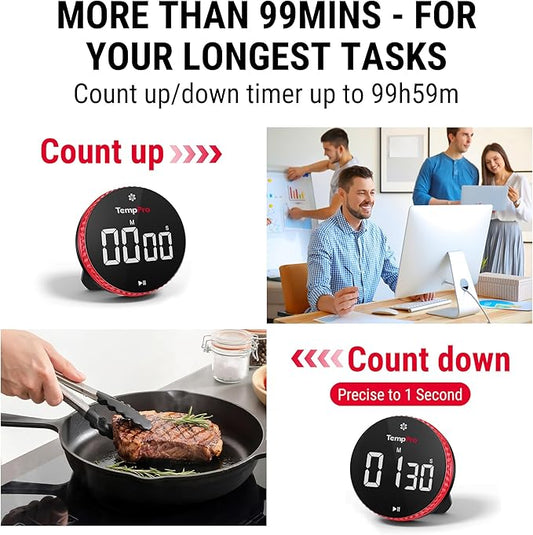 TempPro 99-Hour Digital Kitchen Timer with Strong Magnetic & Stable Stand, Classroom Timers with 3-Volume-Level, Stopwatch with Large LED Display, Digital Timers for Classroom, (Previously ThermoPro)