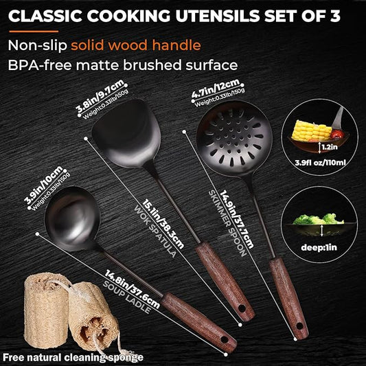 Wok Spatula and Ladle,Skimmer Ladle Tool Set,15 Inches 18/10 Stainless Steel Vintage Wok Utensils,Wok Spatula and Ladle Set with Solid Wooden Handle,Wok Accessories with Natural Cleaning Loofah Sponge