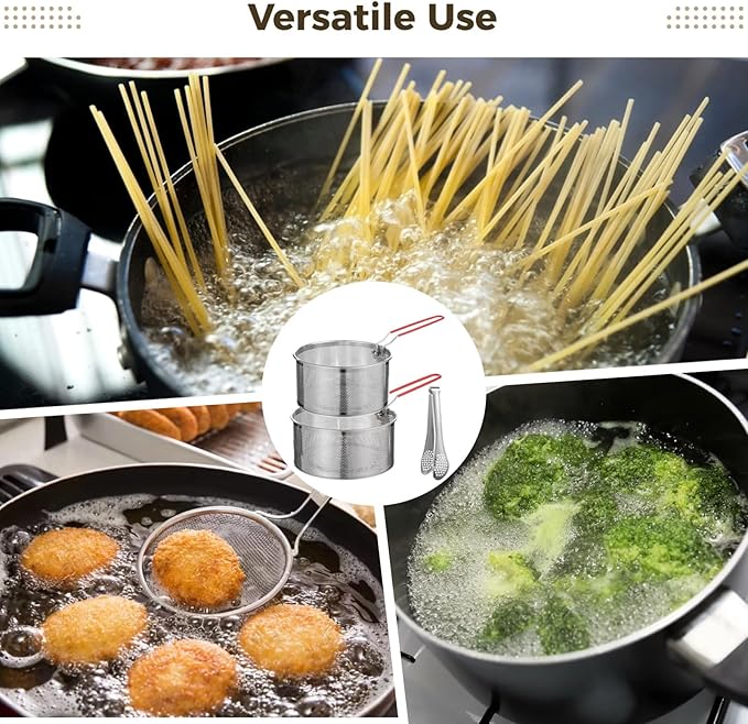 Stainless Steel Pasta Strainer Set with Food Clip, Include 7 in & 6.2 in Deep Fryer Basket, Removable Handle Strainer for Washing Draining Deep-frying Boiling Steaming