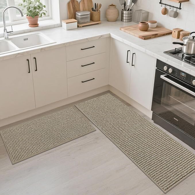 JSEI Kitchen Runner Rugs, 17''x48'' Non-Slip Kitchen Mats for Floor, Machine Washable Absorbent and Stain Resistant Kitchen Rug, Carpet Mats with TPR Backing for Kitchen, Beige