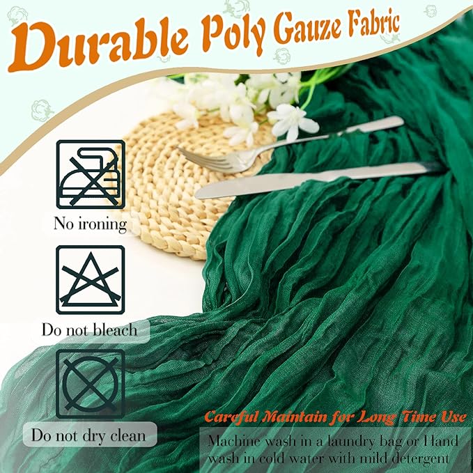 Dark Green Cheesecloth Table Runner 2 Pack 35" Boho Gauze 120 inches Long Runner Rustic Sheer Fabric Bulk for Baby Shower Wedding Bridal Birthday Party Table Decorations