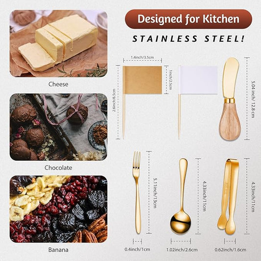 Cheese Butter Spreader Knives Set Charcuterie Accessories Stainless Steel Spreader Knives with Wooden Handles Charcuterie Boards Utensils Mini Serving Tongs Spoons and Forks (Gold,14 Pieces)